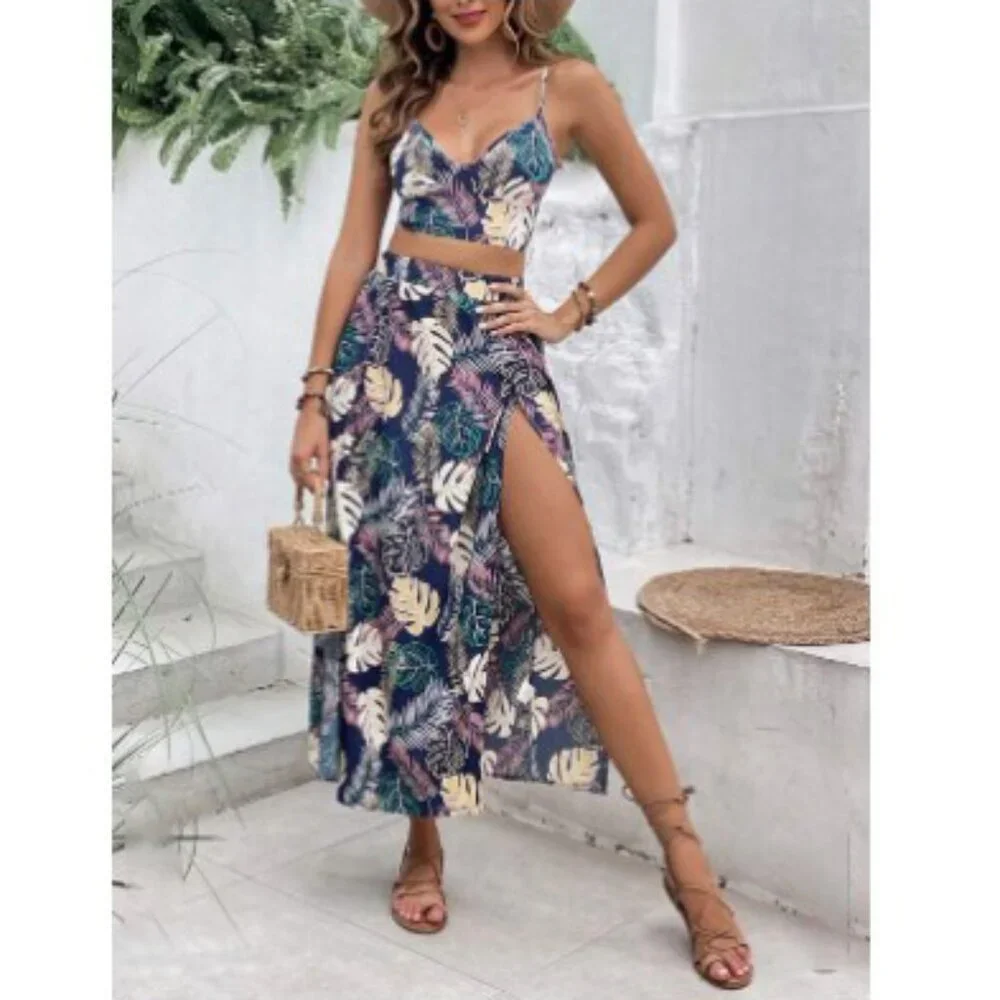 🩵 2 piece skirt set tropical leaf print crop top & maxi skirt boho - Picture 3 of 3